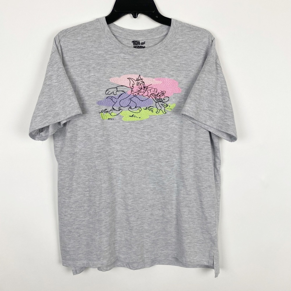 Tom‎ and Jerry Embroidered Heather Gray Short Sleeve T-Shirt Womens Size M Gray